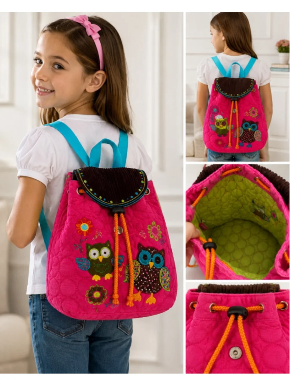 Stephen Joseph Owl Backpack Pink Quilted Drawstring Kids Preschool Daycare Bag